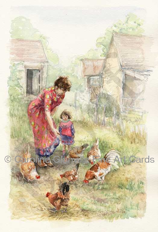woman & child feeding hens farm yard, painting by Caroline Glanville